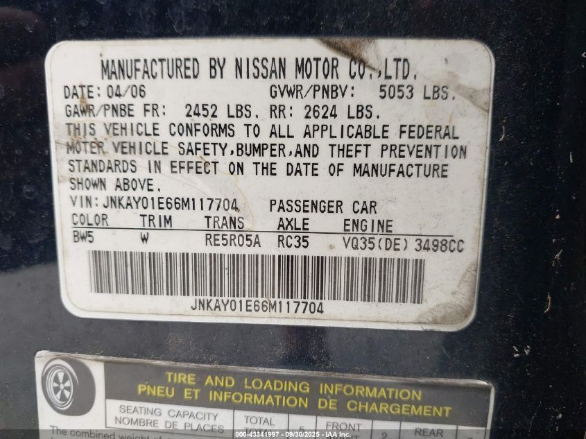 2006 Infiniti M35 Sport VIN: JNKAY01E66M117704 Lot: 43341997