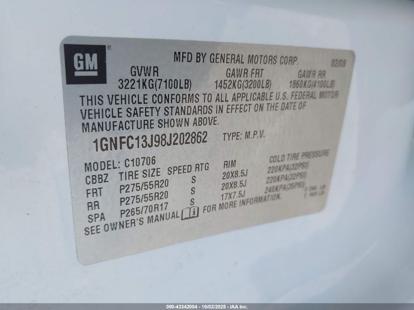 2008 Chevrolet Tahoe Ltz VIN: 1GNFC13J98J202862 Lot: 43342004