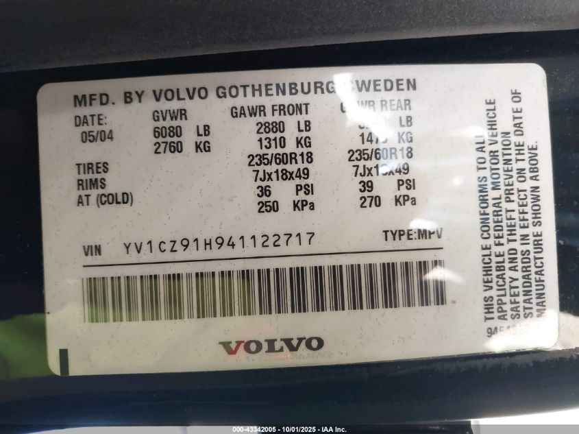 2004 Volvo Xc90 T6 VIN: YV1CZ91H941122717 Lot: 43342005
