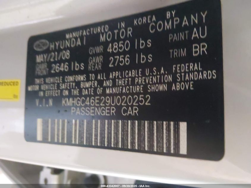 2009 Hyundai Genesis 3.8 VIN: KMHGC46E29U020252 Lot: 43342007