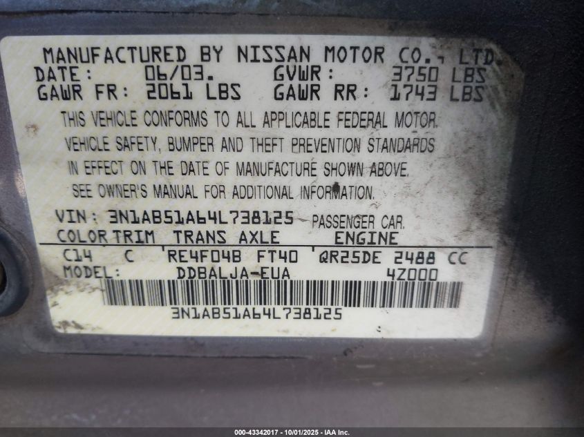 2004 Nissan Sentra 2.5S VIN: 3N1AB51A64L738125 Lot: 43342017