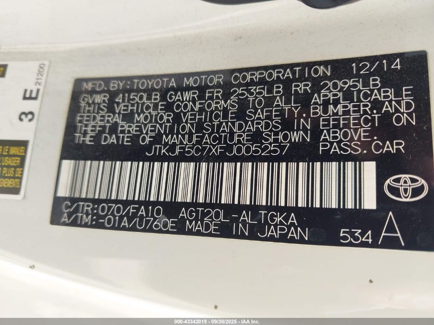 2015 Scion Tc VIN: JTKJF5C7XFJ005257 Lot: 43342019