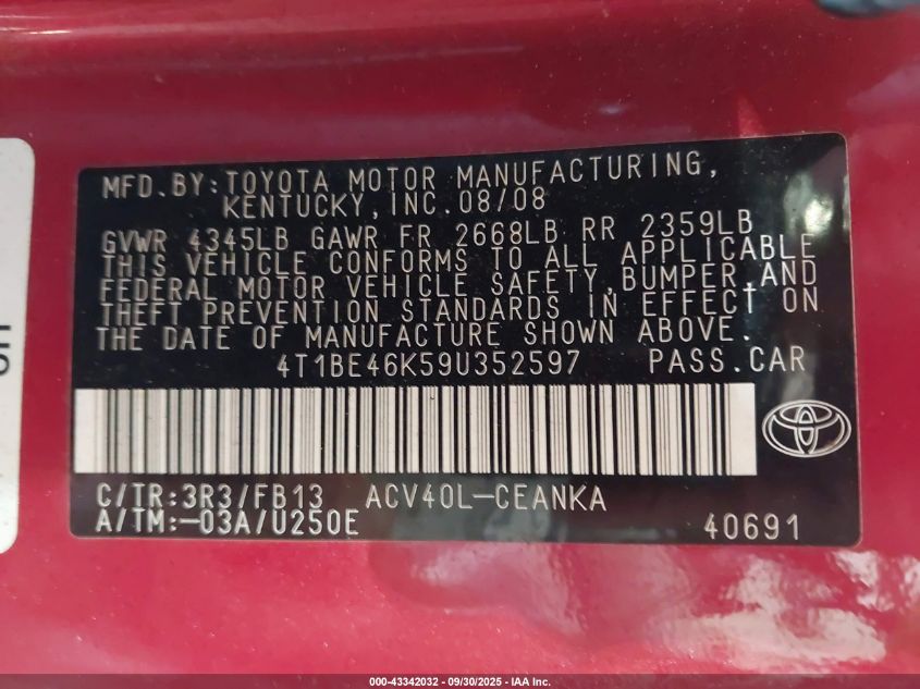 2009 Toyota Camry Le VIN: 4T1BE46K59U352597 Lot: 43342032
