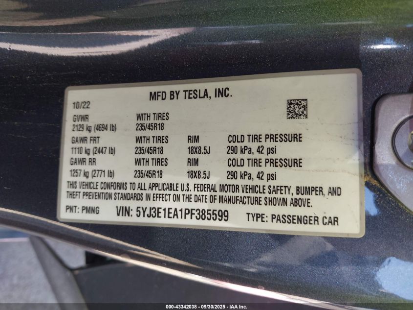 2023 Tesla Model 3 Rear-Wheel Drive VIN: 5YJ3E1EA1PF385599 Lot: 43342038