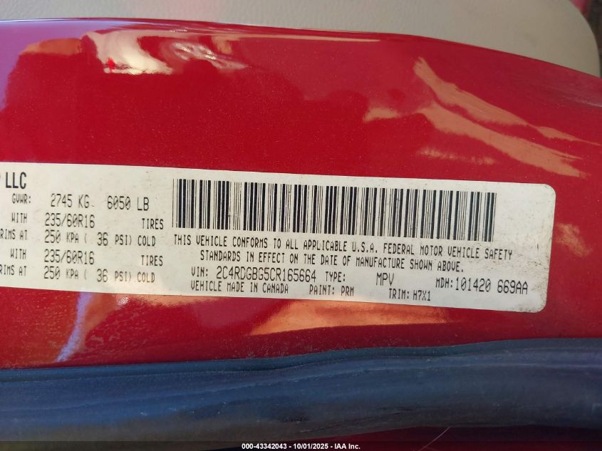 2012 Dodge Grand Caravan Se/Avp VIN: 2C4RDGBG5CR165664 Lot: 43342043