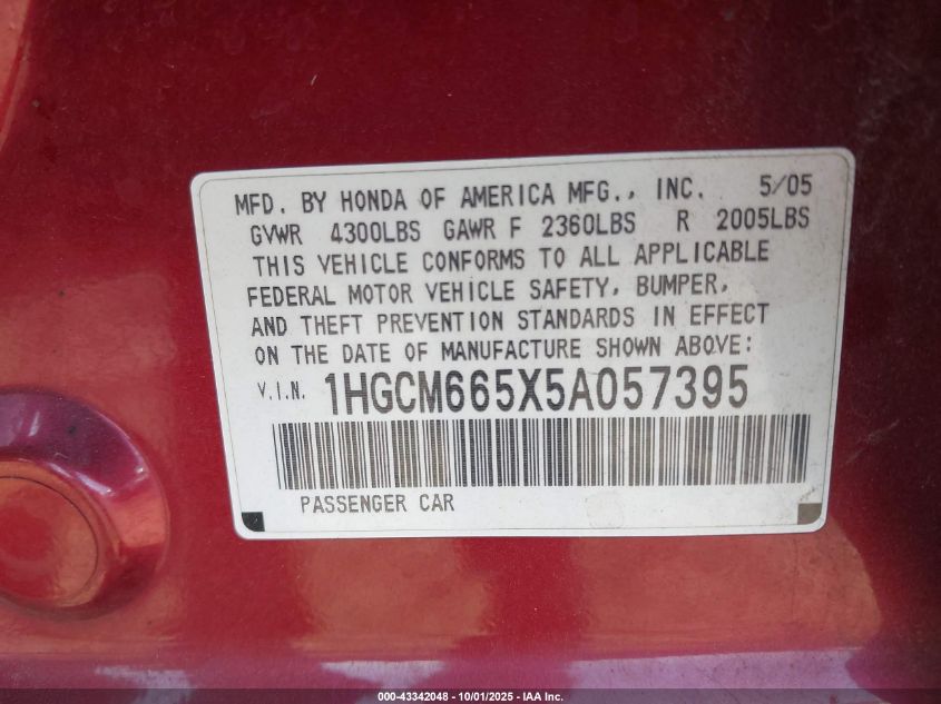 2005 Honda Accord 3.0 Ex VIN: 1HGCM665X5A057395 Lot: 43342048