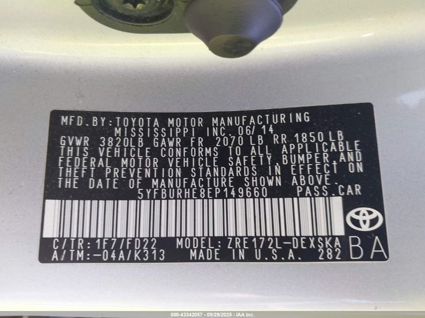 2014 Toyota Corolla S Plus VIN: 5YFBURHE8EP149660 Lot: 43342057