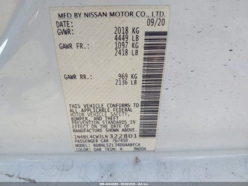 2020 Nissan Altima Sr Intelligent Awd VIN: 1N4BL4CW3LN322801 Lot: 43342065