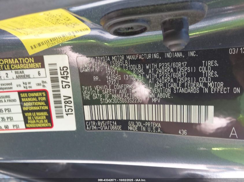 2013 Toyota Sienna Le V6 8 Passenger VIN: 5TDKK3DC5DS352230 Lot: 43342071