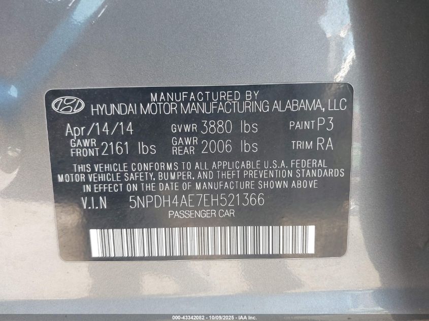 2014 Hyundai Elantra Se VIN: 5NPDH4AE7EH521366 Lot: 43342082