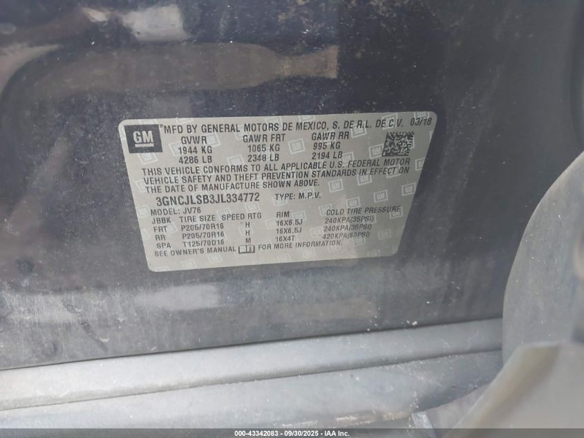 2018 Chevrolet Trax Lt VIN: 3GNCJLSB3JL334772 Lot: 43342083