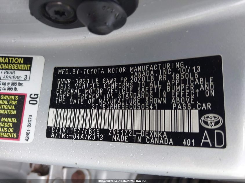 2014 Toyota Corolla Le VIN: 2T1BURHE9EC050541 Lot: 43342084