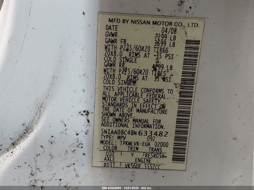 2008 Nissan Armada Le VIN: 5N1AA08C48N633482 Lot: 43342089