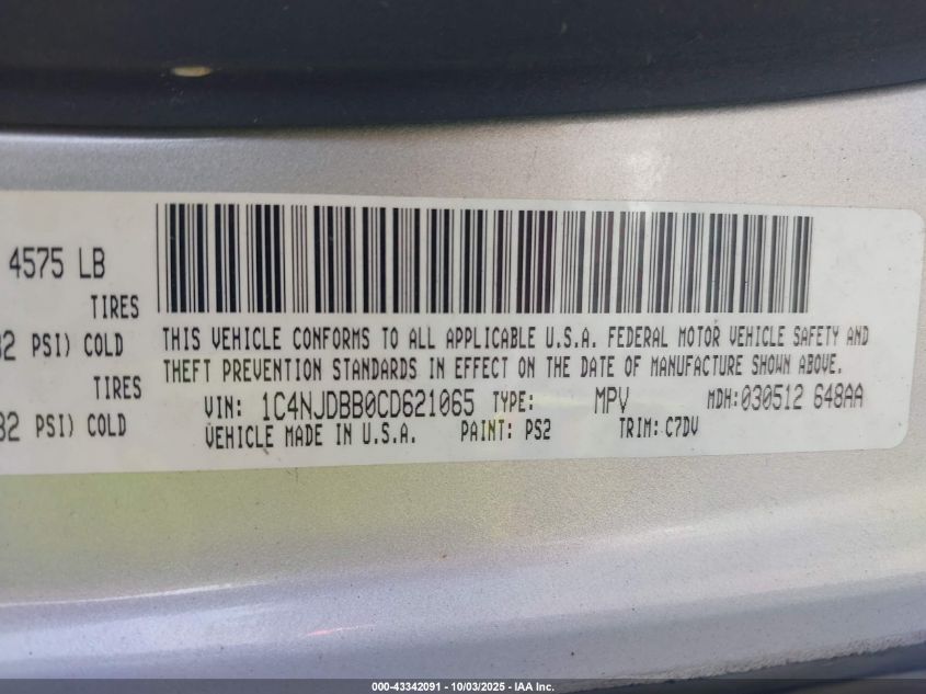 2012 Jeep Compass Sport VIN: 1C4NJDBB0CD621065 Lot: 43342091