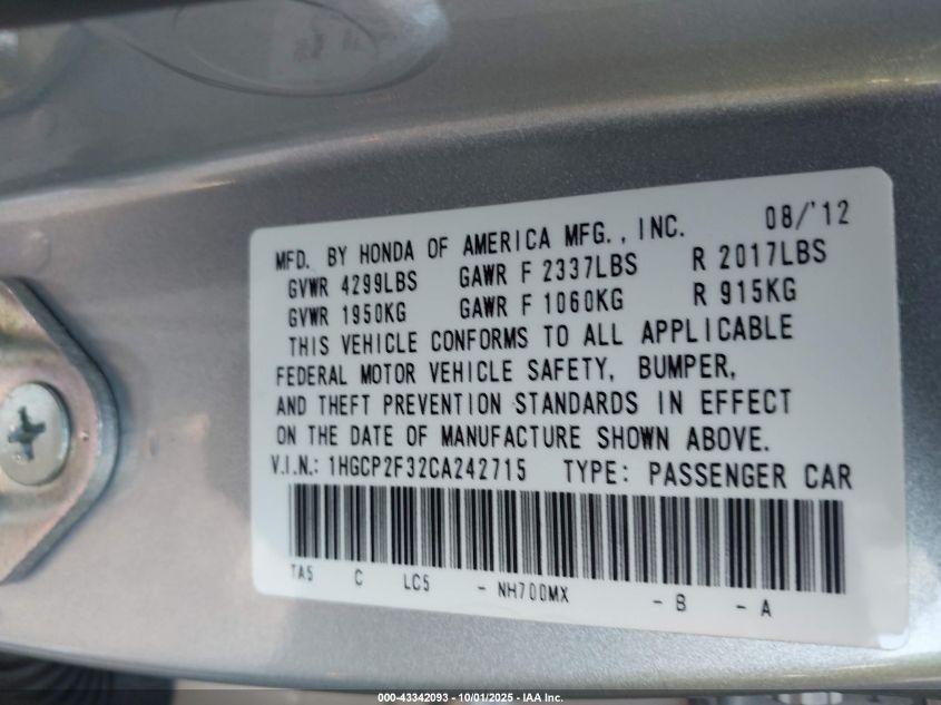 2012 Honda Accord 2.4 Lx VIN: 1HGCP2F32CA242715 Lot: 43342093