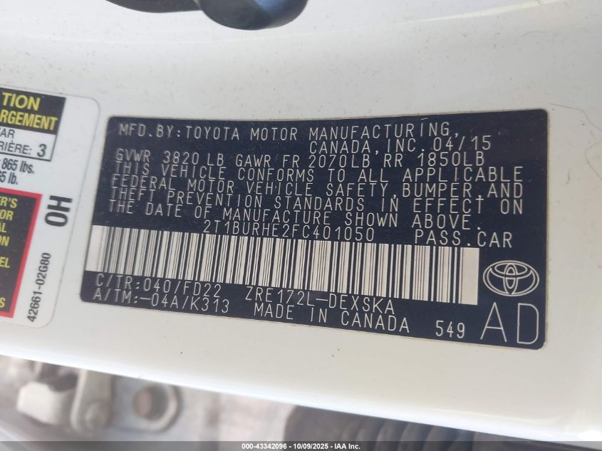 2015 Toyota Corolla S Plus VIN: 2T1BURHE2FC401050 Lot: 43342096