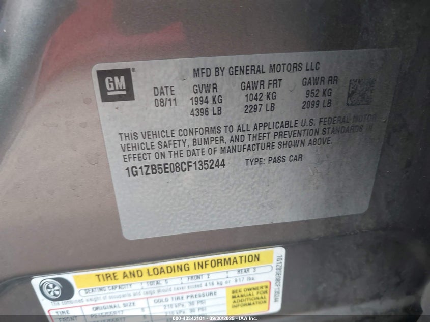 2012 Chevrolet Malibu Ls VIN: 1G1ZB5E08CF135244 Lot: 43342101