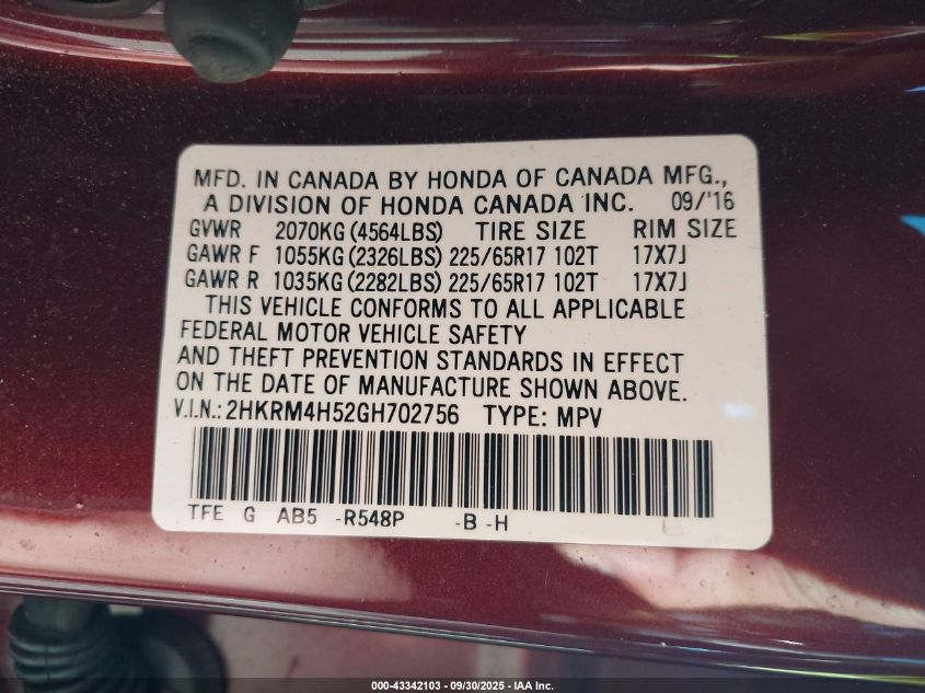 2016 Honda Cr-V Ex VIN: 2HKRM4H52GH702756 Lot: 43342103