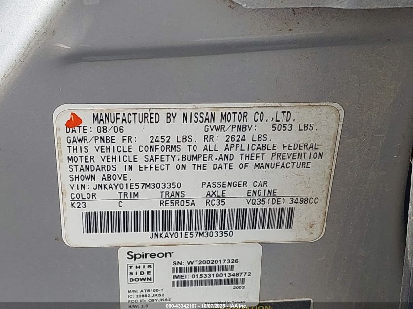 2007 Infiniti M35 VIN: JNKAY01E57M303350 Lot: 43342107