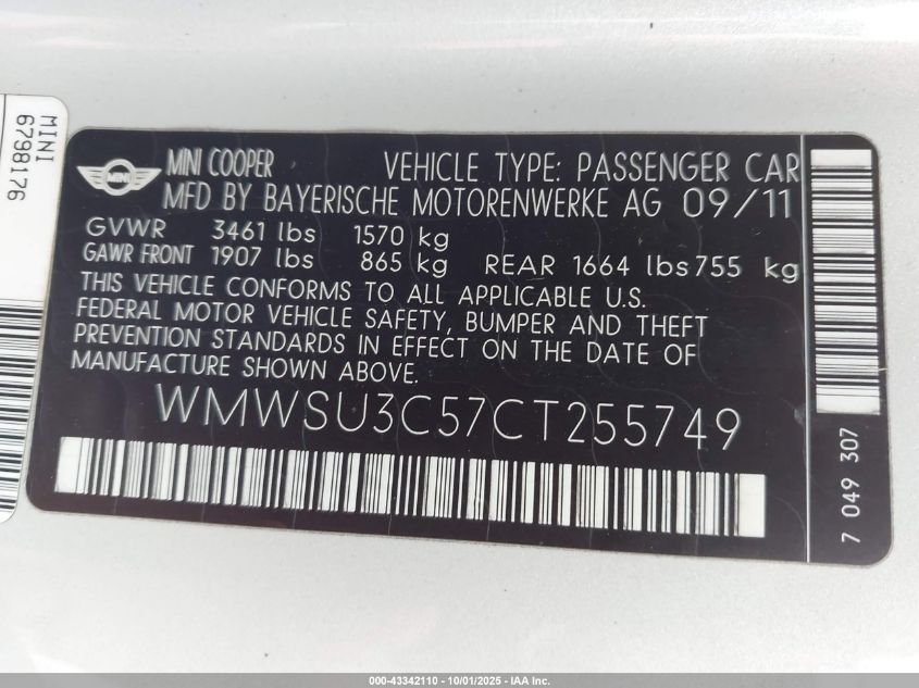 2012 Mini Cooper VIN: WMWSU3C57CT255749 Lot: 43342110