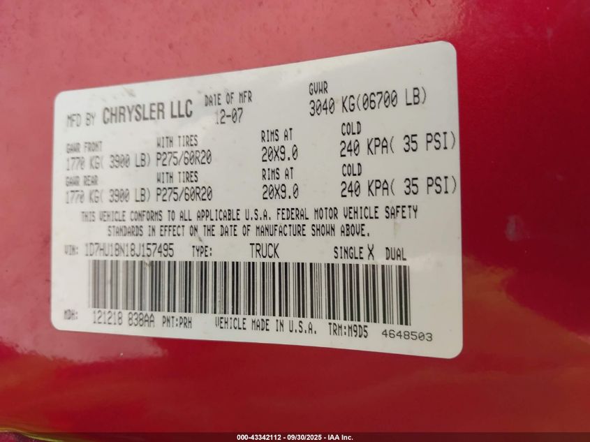 2008 Dodge Ram 1500 Slt VIN: 1D7HU18N18J157495 Lot: 43342112