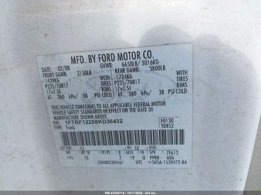 2008 Ford F-150 Stx/Xl/Xlt VIN: 1FTRF12258KD36432 Lot: 43342114
