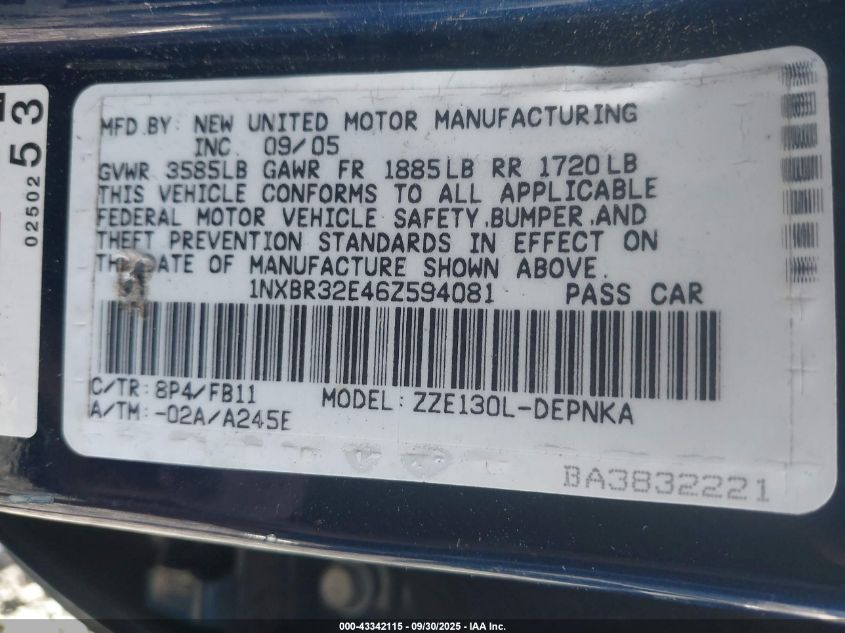 2006 Toyota Corolla Le VIN: 1NXBR32E46Z594081 Lot: 43342115