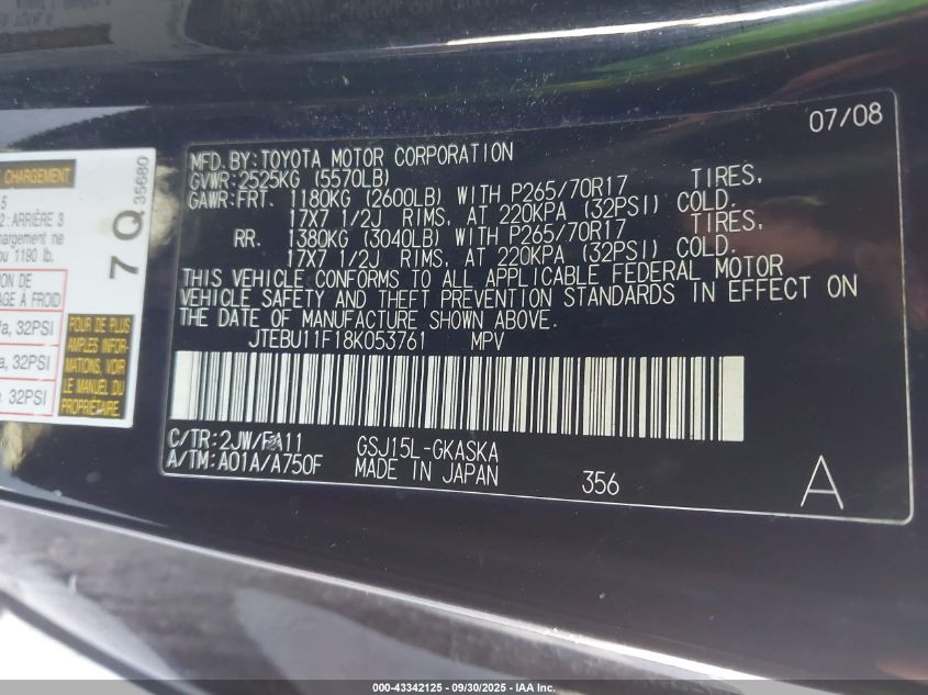 2008 Toyota Fj Cruiser VIN: JTEBU11F18K053761 Lot: 43342125