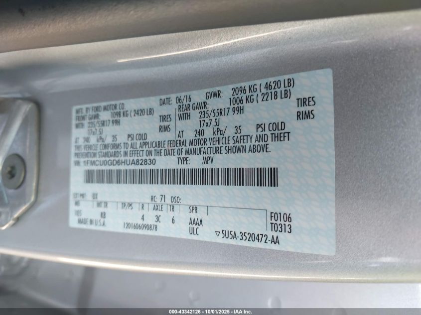 2017 Ford Escape Se VIN: 1FMCU0GD6HUA82830 Lot: 43342126