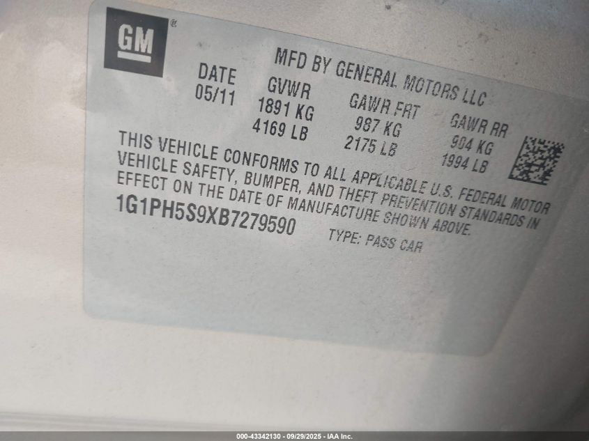 2011 Chevrolet Cruze Ltz VIN: 1G1PH5S9XB7279590 Lot: 43342130