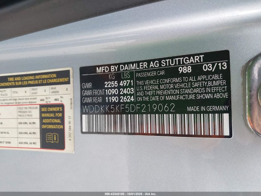 2013 Mercedes-Benz E 350 VIN: WDDKK5KF5DF219062 Lot: 43342150