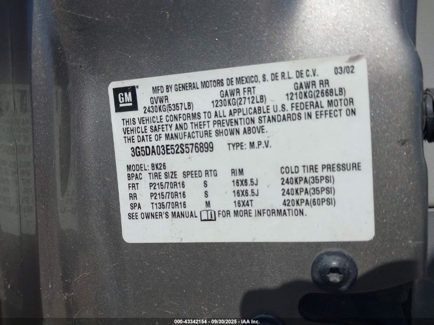 2002 Buick Rendezvous Cx VIN: 3G5DA03E52S576899 Lot: 43342154