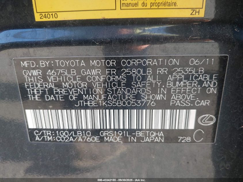 2011 Lexus Gs 350 VIN: JTHBE1KS5B0053776 Lot: 43342155