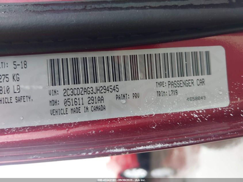 2018 Dodge Challenger Sxt VIN: 2C3CDZAG3JH294545 Lot: 43342165