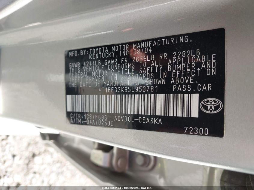 2005 Toyota Camry Se VIN: 4T1BE32K95U953781 Lot: 43342174