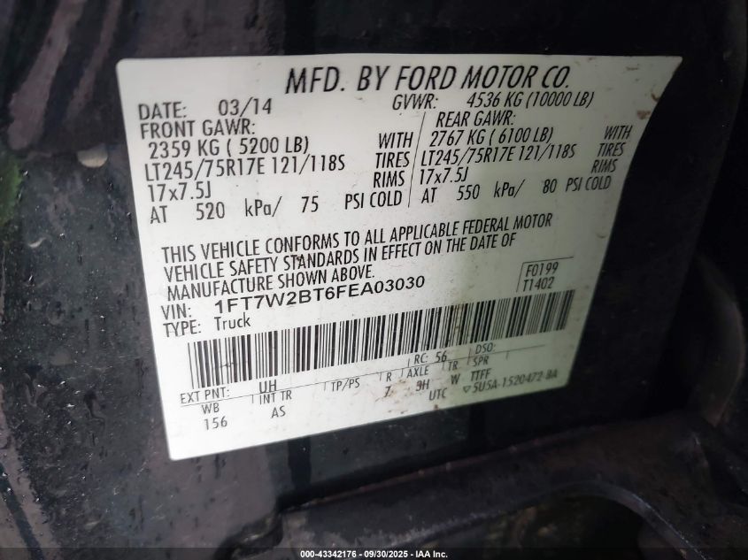 2015 Ford F-250 Xl VIN: 1FT7W2BT6FEA03030 Lot: 43342176