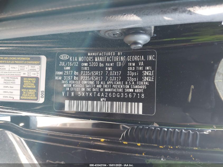 2013 Kia Sorento Lx V6 VIN: 5XYKT4A26DG356718 Lot: 43342184