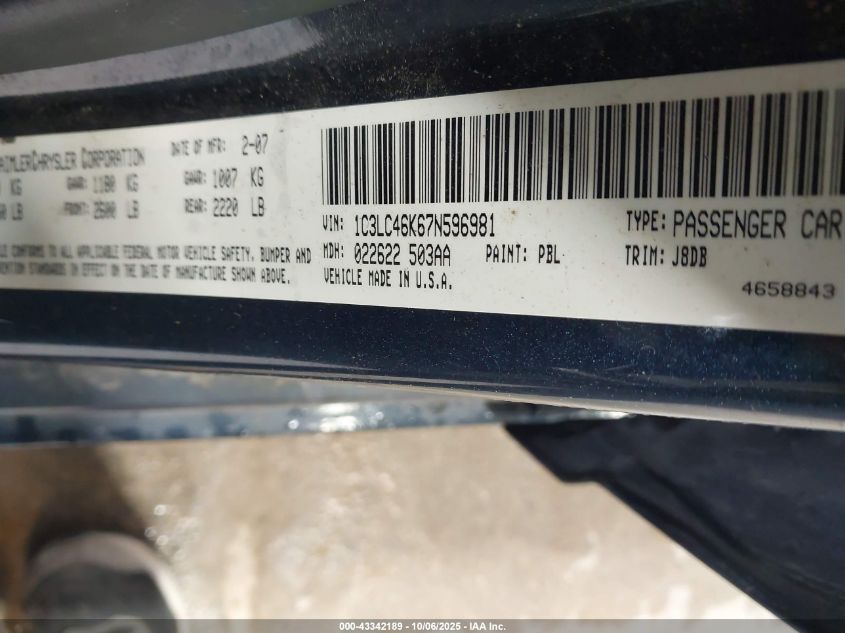 2007 Chrysler Sebring VIN: 1C3LC46K67N596981 Lot: 43342189