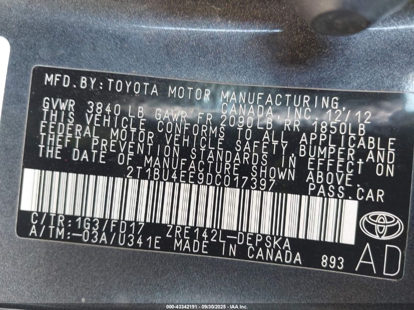 2013 Toyota Corolla S VIN: 2T1BU4EE9DC017397 Lot: 43342191