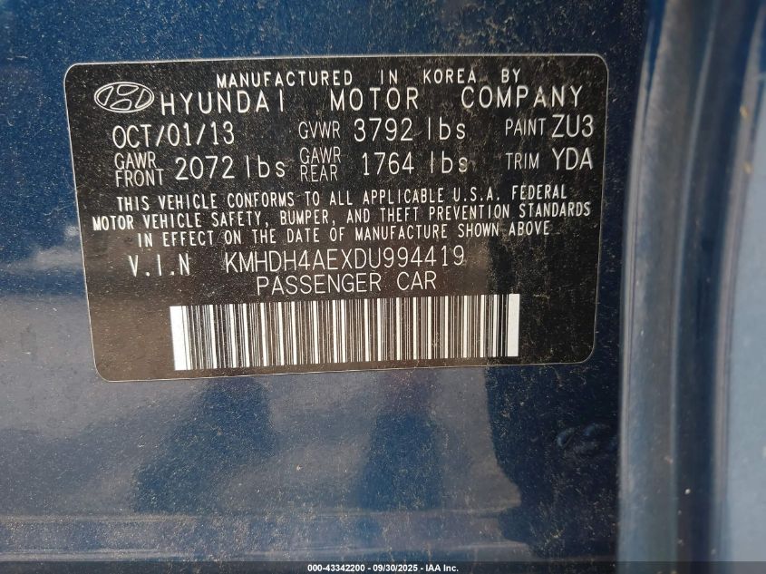 2013 Hyundai Elantra Gls VIN: KMHDH4AEXDU994419 Lot: 43342200