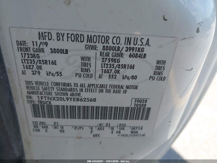 2000 Ford F-250 Lariat/Xl/Xlt VIN: 1FTNX20L9YEB62568 Lot: 43342201