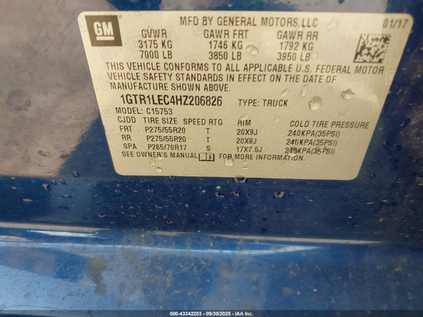 2017 GMC Sierra 1500 VIN: 1GTR1LEC4HZ206826 Lot: 43342203