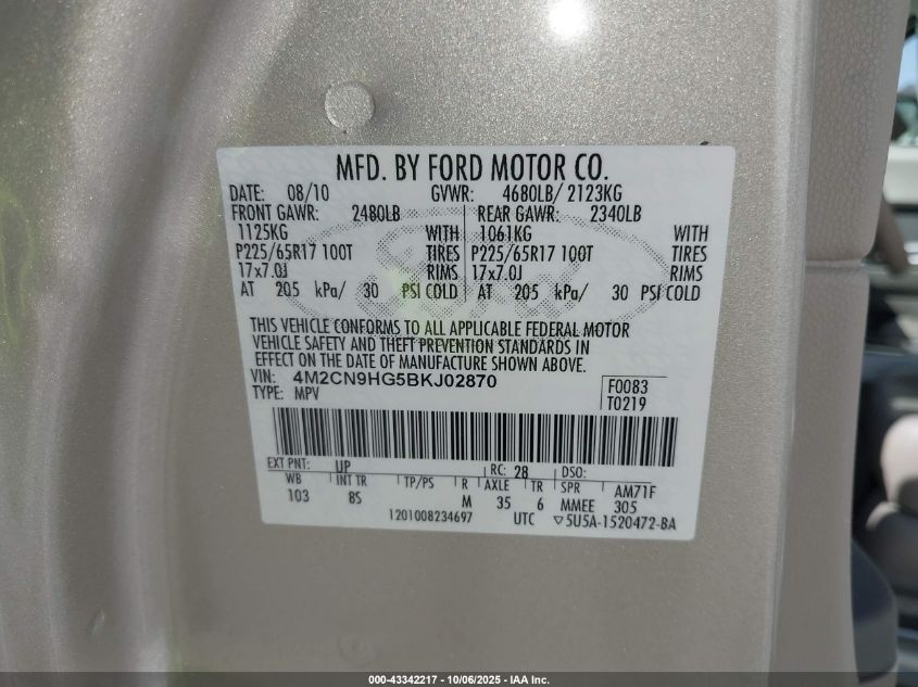 2011 Mercury Mariner Premier VIN: 4M2CN9HG5BKJ02870 Lot: 43342217