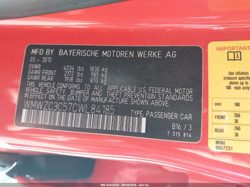 2012 Mini Cooper S Countryman VIN: WMWZC3C57CWL84185 Lot: 43342224