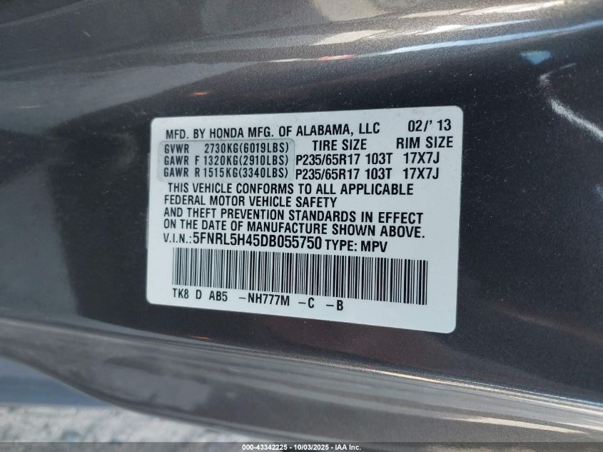 2013 Honda Odyssey Ex VIN: 5FNRL5H45DB055750 Lot: 43342225