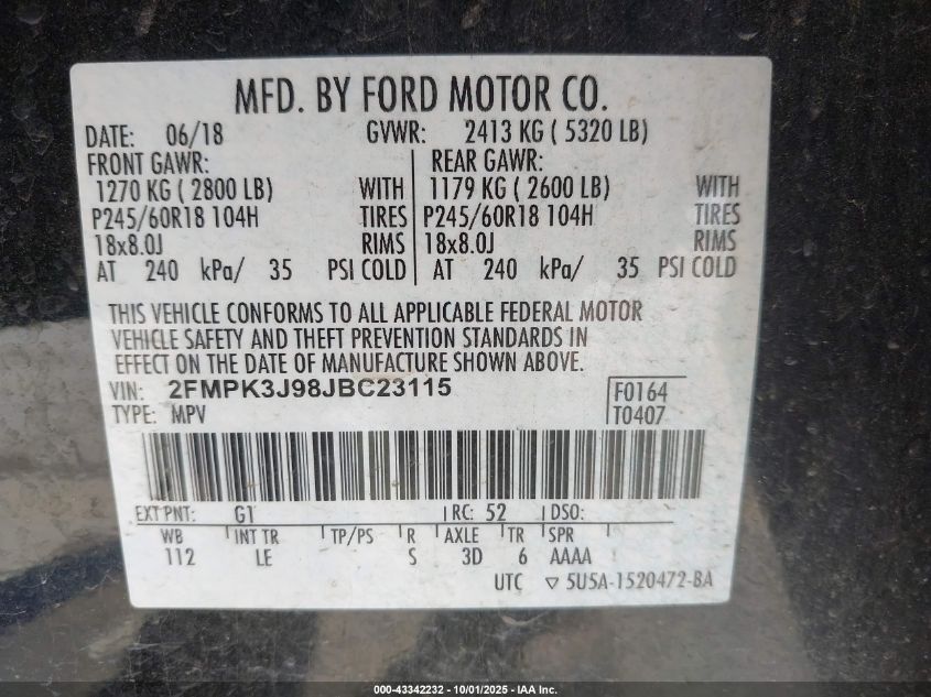 2018 Ford Edge Sel VIN: 2FMPK3J98JBC23115 Lot: 43342232