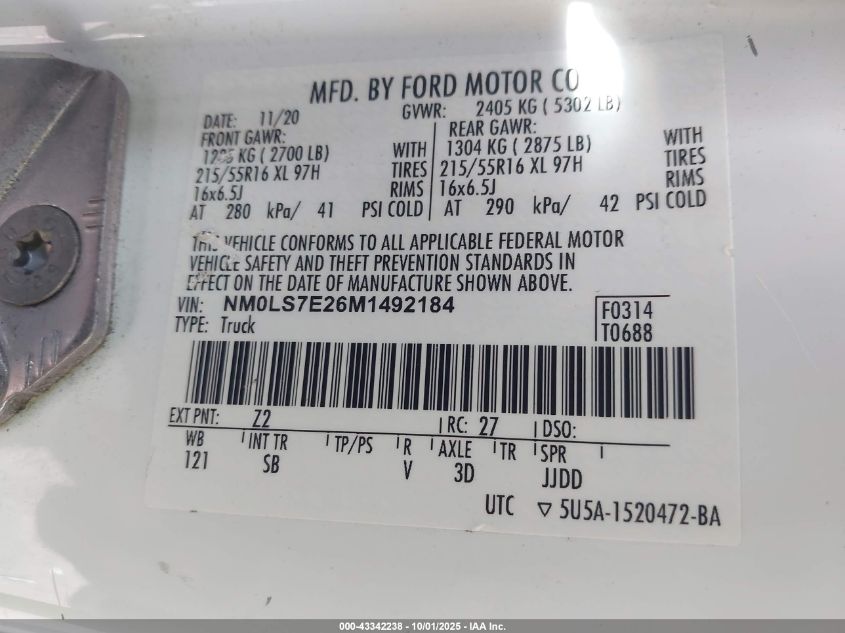 2021 Ford Transit Connect Xl VIN: NM0LS7E26M1492184 Lot: 43342238