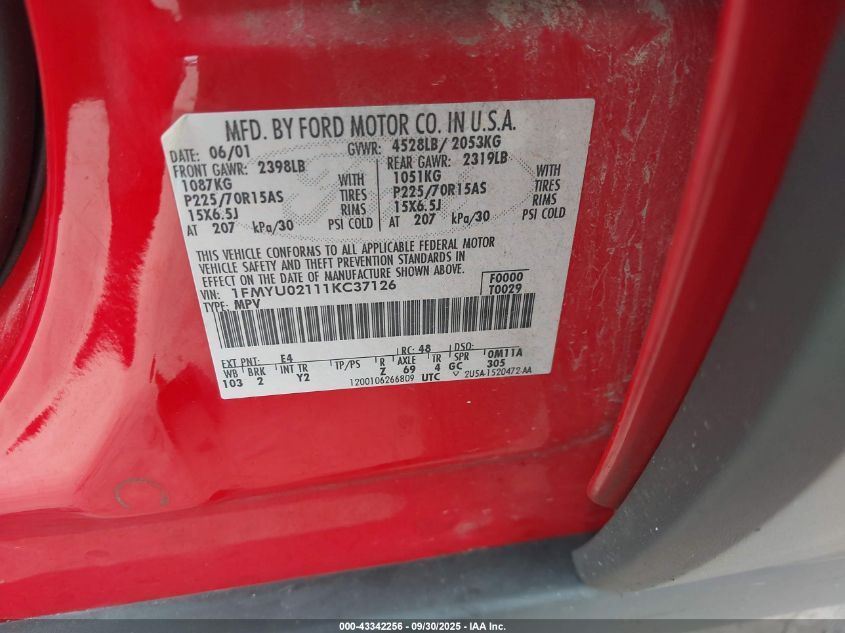 2001 Ford Escape Xls VIN: 1FMYU02111KC37126 Lot: 43342256