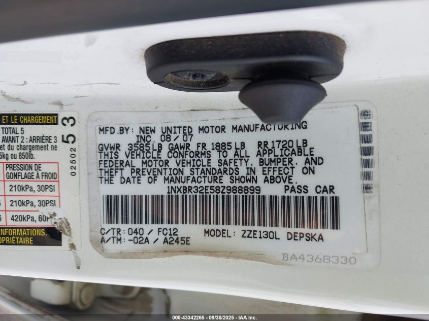 2008 Toyota Corolla S VIN: 1NXBR32E58Z988899 Lot: 43342265