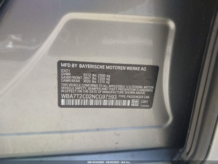 2022 BMW 740 I VIN: WBA7T2C02NCG97593 Lot: 43342269